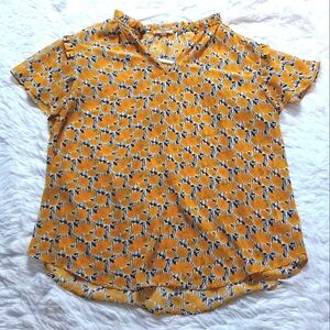 EUC Yellow Chair Floral Semi Sheer Short-Sleeve Blouse Size M